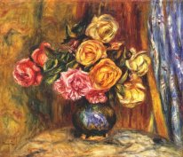 Roses In Front Of A Blue Curtain 1908