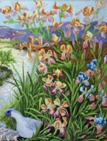 BLUE TUFTED BIRD AND BEARDED IRISES