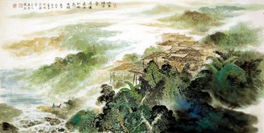 Een dorpje in de bergen - Chinees schilderij