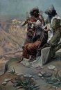 Moses auf dem Berg während der Schlacht wie es in Exodus