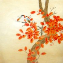 Red foglia-Birds - Pittura cinese