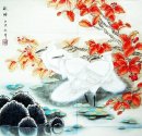 Crane & feuilles rouges - peinture chinoise
