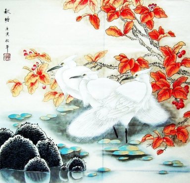 Crane & Folhas vermelhas - pintura chinesa