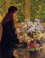Jeune fille avec un vase de fleurs