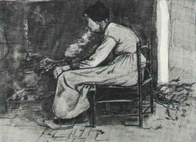 Frau sitzt am Kamin 1881