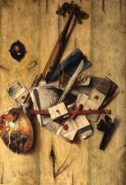 Trompe l'oeil com violino, instrumentos do pintor e auto-portrai