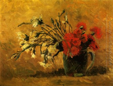 Vase avec les oeillets rouges et blanches sur fond jaune