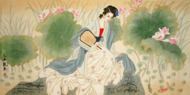 Femme tenant un fan - Shanzi - Peinture chinoise