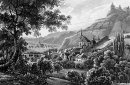 La ciudad Traben Trarbach y Grevenburg en el río Moselle