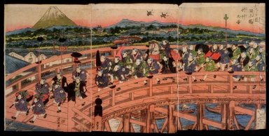 Los pasatiempos infantiles: una procesión en el puente de Nihon