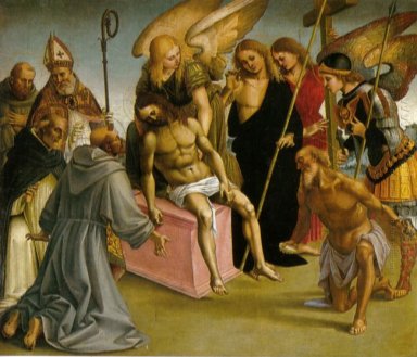 Lamentation sur le Christ mort soutenu par des anges et des sain