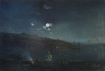 moonlit night landscape with fire