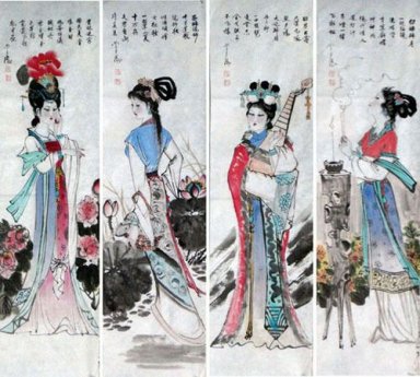 Belas senhoras, conjunto de 4 - pintura chinesa