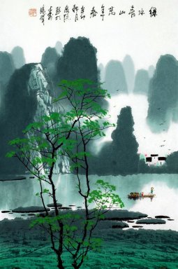 Gebirge, Fluss, Bäume - Chinesische Malerei