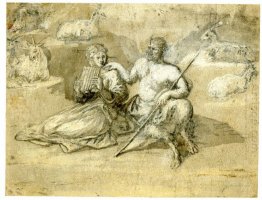 Drawing Of A Satyr A Girl And Goats