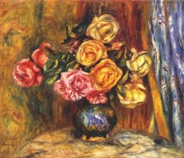 Roses In Front Of A Blue Curtain 1908