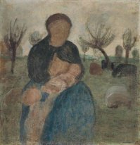 Mère avec le bébé à son sein, et de l'enfant dans le paysage