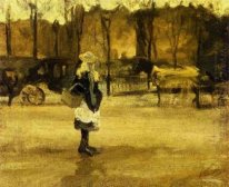 Una ragazza in strada Due allenatori In Background 1882