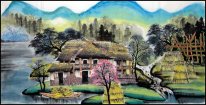 Building, Trees, River- Chinese Painting