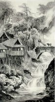Landschap met gebouwen - Chinees schilderij