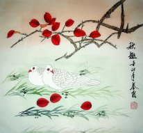 Pájaros y hojas rojas - Pintura china