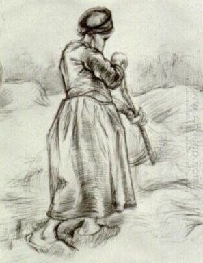 Mujer campesina que sacude heno de espaldas 1885