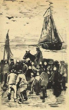 Kelompok Orang On The Beach Dengan Fishing Boat Tiba 1882