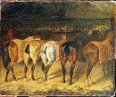 Cinque cavalli visto da dietro con Croupes in una stalla 1822
