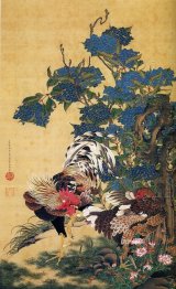 Rooster and Hen with Hydrangeas