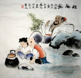 Poet and two children-Shiren - Chinese Painting