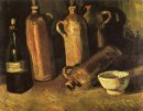 Still Life Dengan Empat Botol Batu Flask Dan Putih Cup 1884