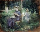 Mujer y niño en un jardín 1884