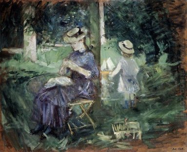 Frau und Kind in einem Garten 1884