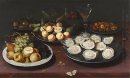 Stilleben av frukt och en platta med ostron