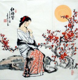 Beautiful lady, flowers - Chinese Painting