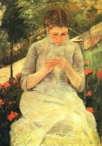 Jeune femme cousant dans le jardin , c.1880 -82