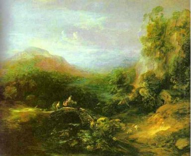 Paisaje de montaña con los campesinos que cruzan un puente 1784