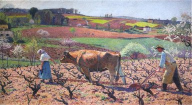 Les ouvriers préparent les vignes en Quercy