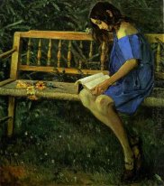 Retrato de Natasha Nesterova en un banco de jardín 1914