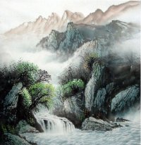 Cascada, montañas, pueblo - la pintura china