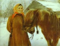 In A Village Peasant Woman With A Horse 1898