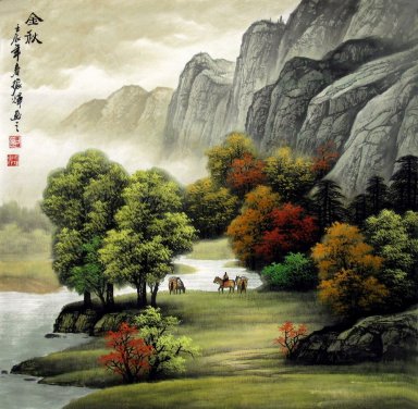 Montanhas, árvores - pintura chinesa