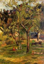 orchard under the church of bihorel children in the pasture 1884