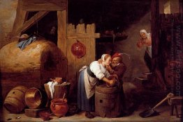 Interior scene with a young woman scrubbing pots while an old ma