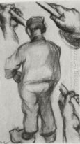 Peasant Seen From The Back And Three Hands Holding A Stick 1885