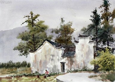 Boerderij, waterverf - Chinees schilderij