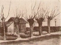 Små hus på en väg med Pollard Willows 1881