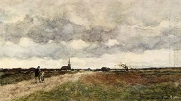 Figures On A Country Road, A Church In The Distance