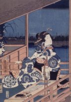 Moonlight Vy över Tsukuda med Lady på en balkong