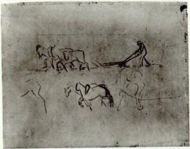 Sketches Of paysan labourant avec des chevaux 1890